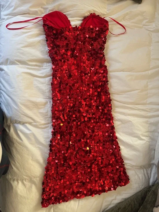 Fashion Nova Red Strapless Sequin Plunge Dress - Picture 4 of 7